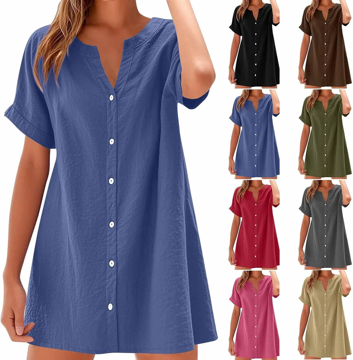 Женское платье-футболка на пуговицах с V-образным вырезом, Cotton Linen, кофейный — фото 2