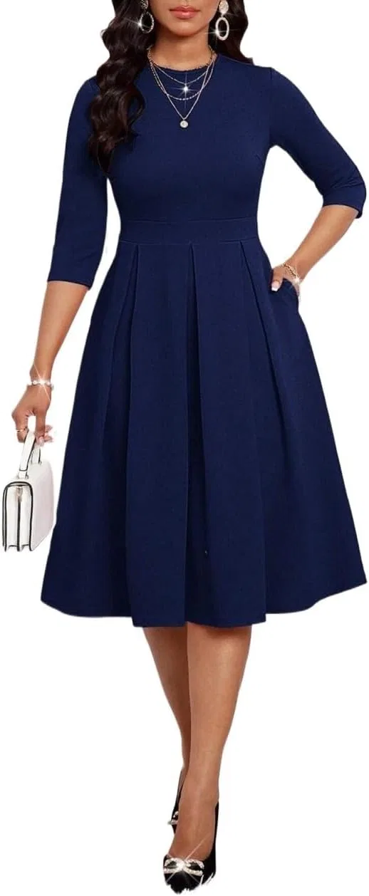 Женское элегантное платье A-силуэта с защипами, Navy Blue