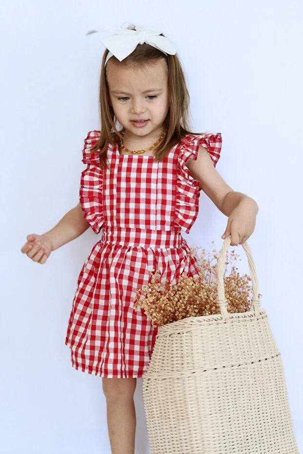 Детское платье для девочек с принтом Violetta Red Gingham Ruffled Tie Detailed Dress Bandana Suit Parla Kids, Red — фото 3