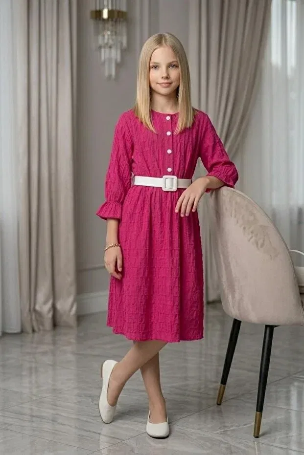 Детское платье для девочек с принтом Buttoned belted wrinkled fabric holiday dress for girls aby259 Abiyekids, Fuchsia — фото 3