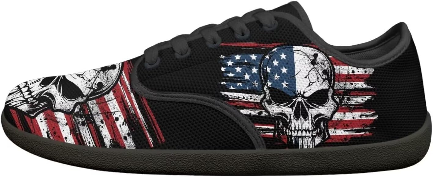 

Мужские кроссовки низкие повседневные с шнуровкой, с широким носком, для ходьбы, кроссовки с подошвой нулевого перепада Pointodoor, Skull American Flag
