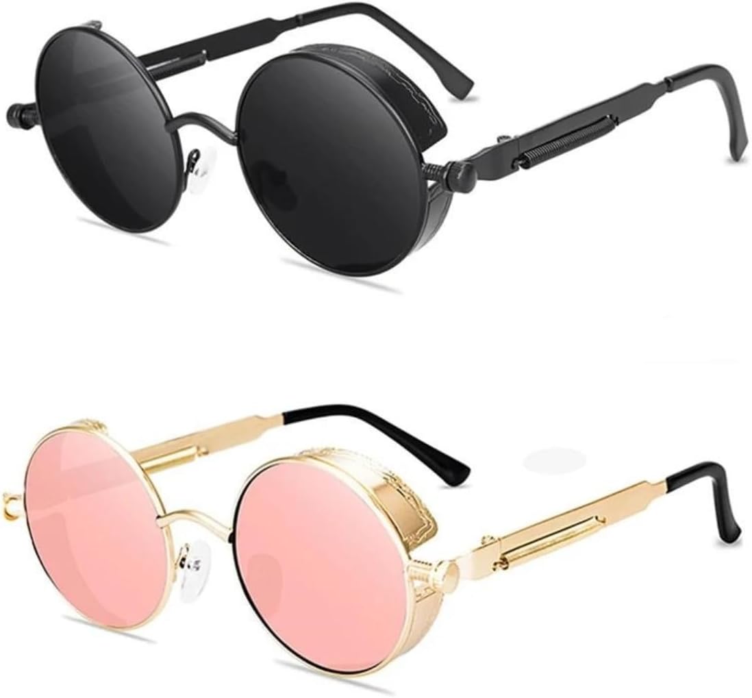 

Классические солнцезащитные очки в стиле стимпанк для мужчин и женщин, винтажные круглые очки, модные очки для вождения с защитой от УФ-излучения UV400 UQKY, Black/Pink