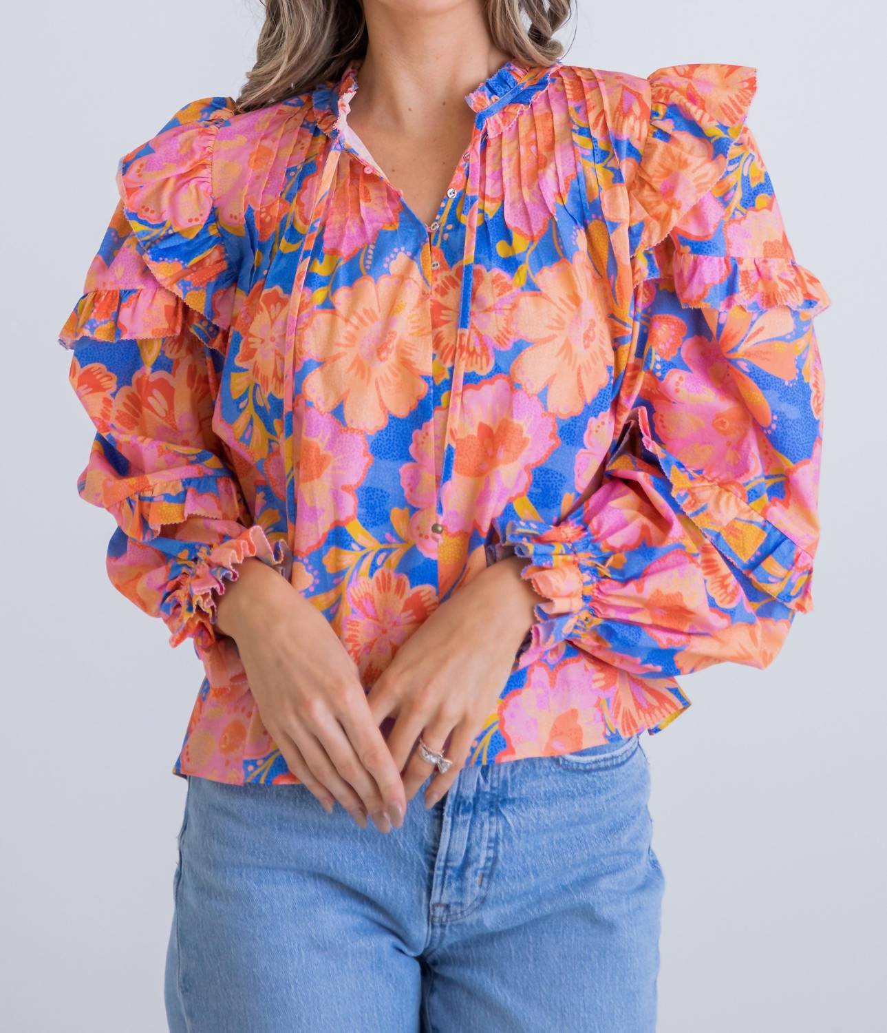 

Karlie Топ Haley с цветочным принтом и оборками на рукавах, сине-оранжевый