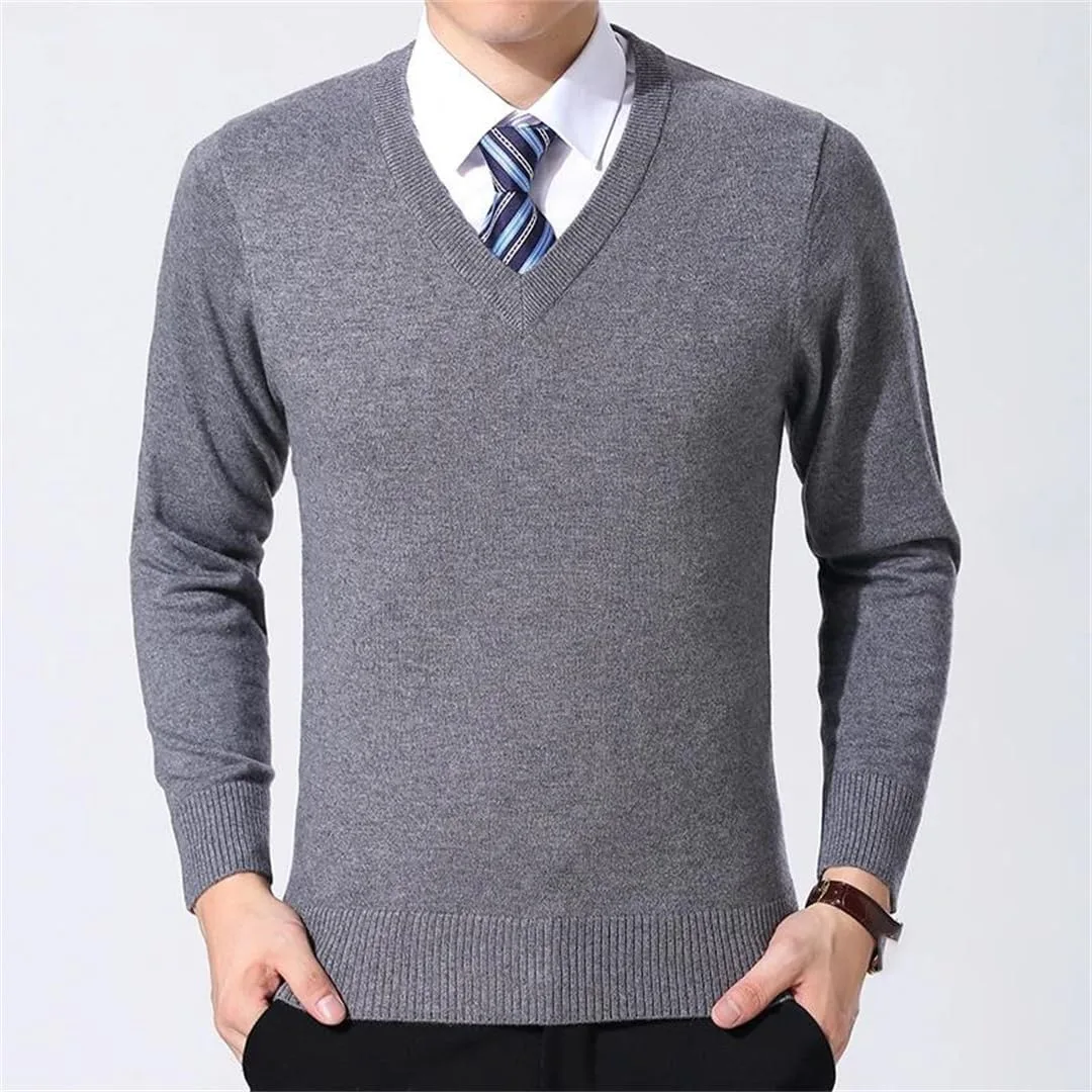 Мужской вязаный свитер с V-образным вырезом, Slim Fit, утепленный — фото 3