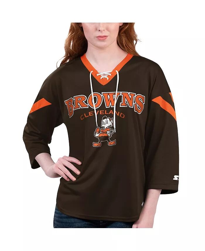 

Женская коричневая футболка Cleveland Browns Rally Lace-Up с рукавом 3/4 Starter