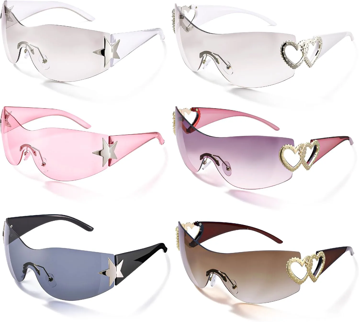 

JATEBI 6 пар солнцезащитных очков Y2k для женщин и мужчин, модель Shield Wrap Around Fashion, солнцезащитные очки большого размера без оправы в стиле 2000-х, Pink