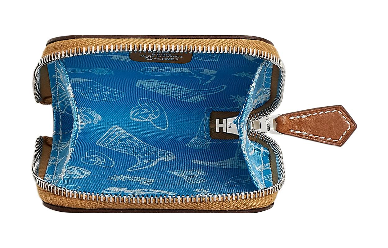 HERMES Шёлковый кожаный кошелёк-монетница женский карамельно-коричневый и синий — фото 2