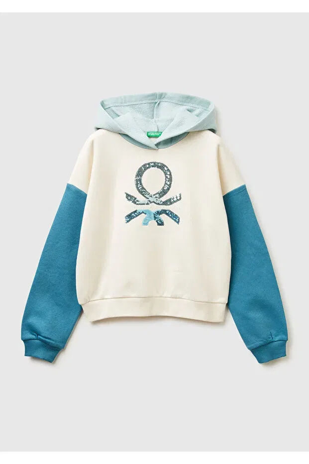 Детское худи для девочек с вышивкой United Colors Of Benetton, Ecru-Blue
