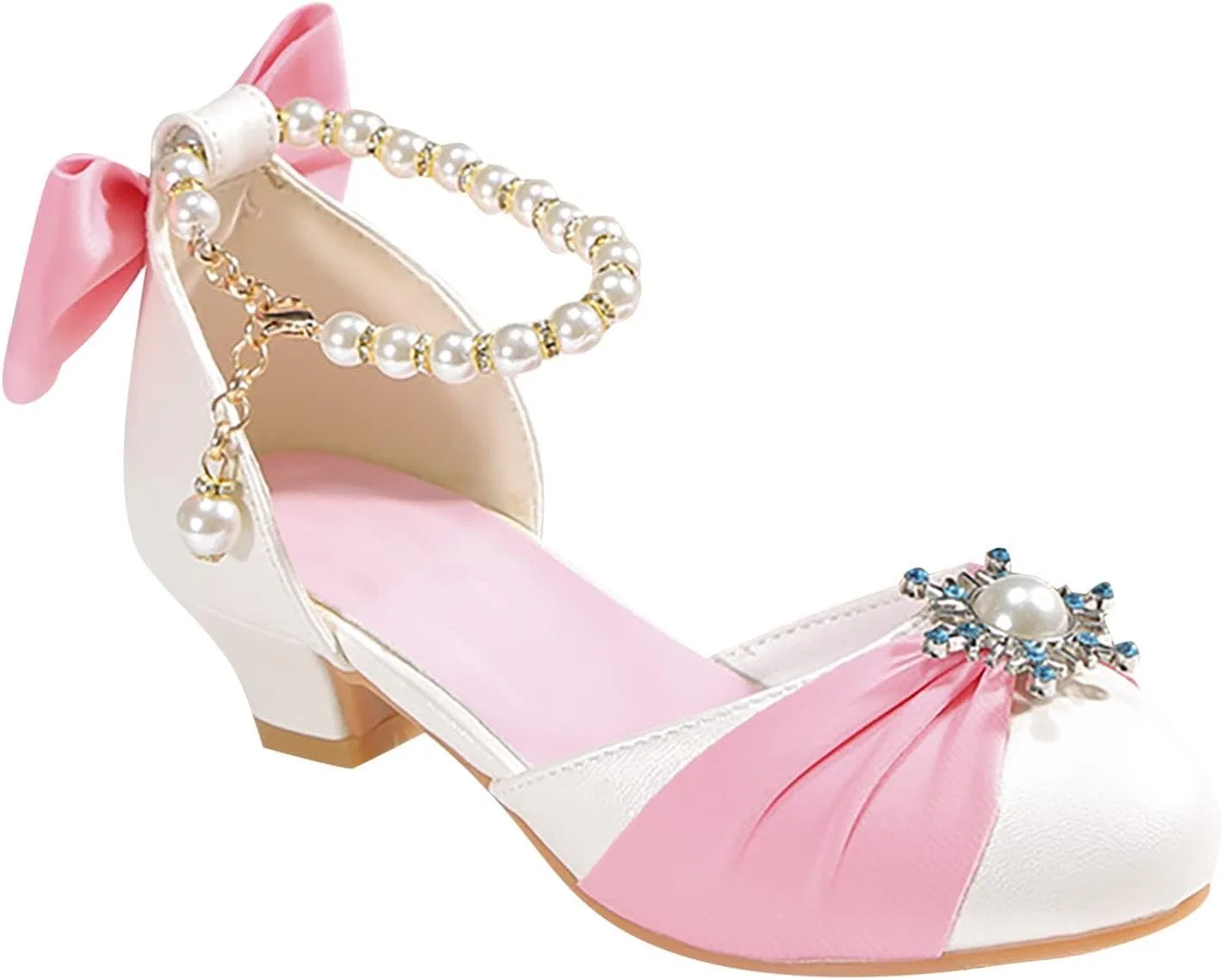 Детские туфли для девочек с принтом Mary Jane Princess Dress Shoes Stain Pearl Bowknot Back Strap Sandals High Heel Wedding Birthday Party Shoes, Pink