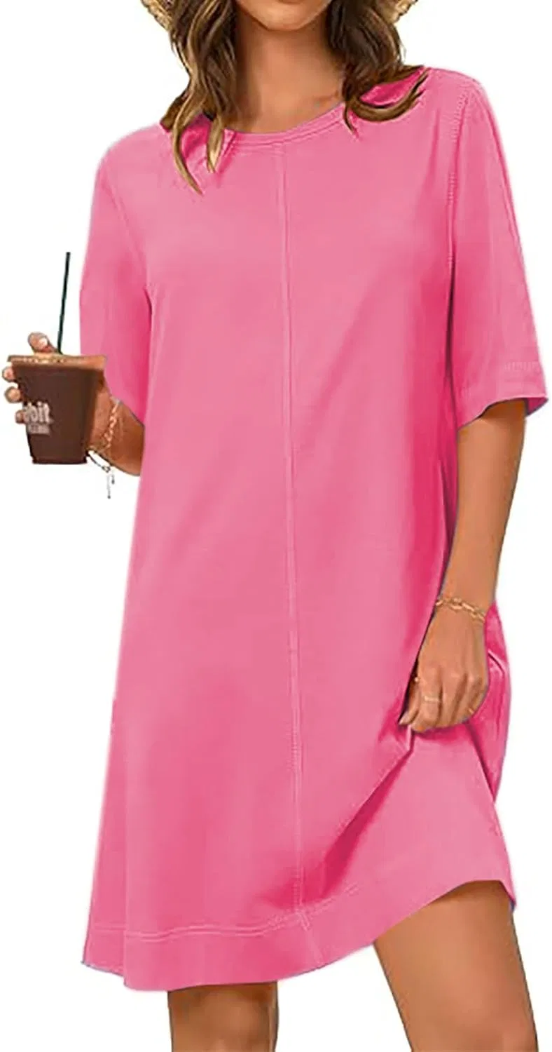 Женское повседневное платье-футболка свободного кроя с круглым вырезом, Hot Pink — фото 4