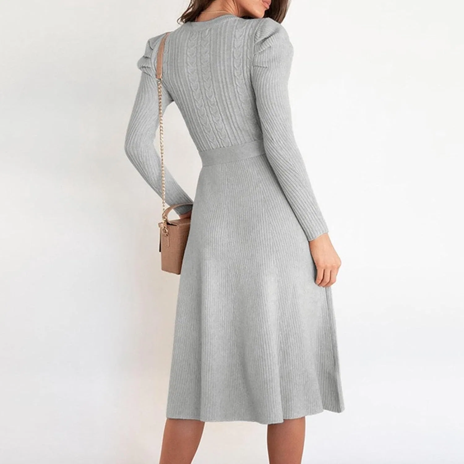 Женское платье-свитер с поясом на талии, Long Sleeve Tie Waist, Gray — фото 3
