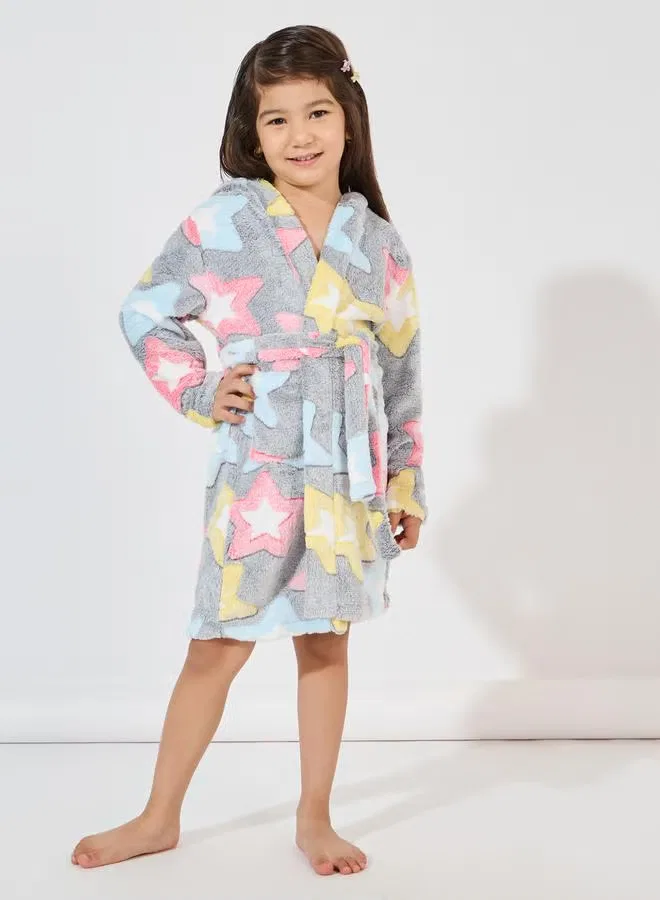 Халат с длинным рукавом с принтом звезд Star pattern fleece Styli, серый — фото 2