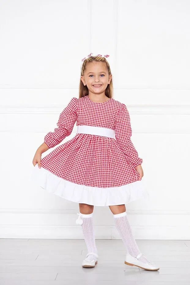 Детское платье для девочек с принтом Red Gingham Patterned Frilly Girl's Dress Moda Lippa, Red — фото 3