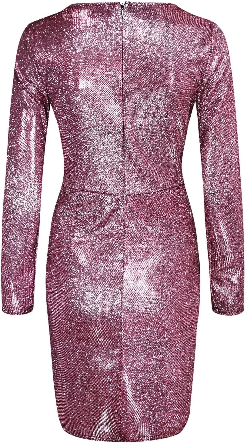 Женское платье с пайетками V-образным вырезом Long Sleeve Sequin Dress, Hot Pink — фото 4