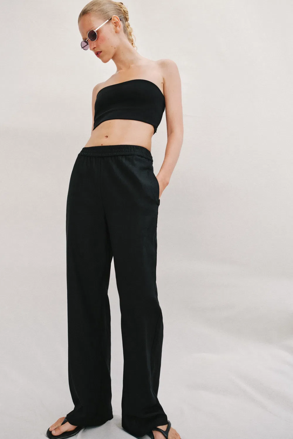 Прямые брюки из смеси льна ZARA, Black — фото 3