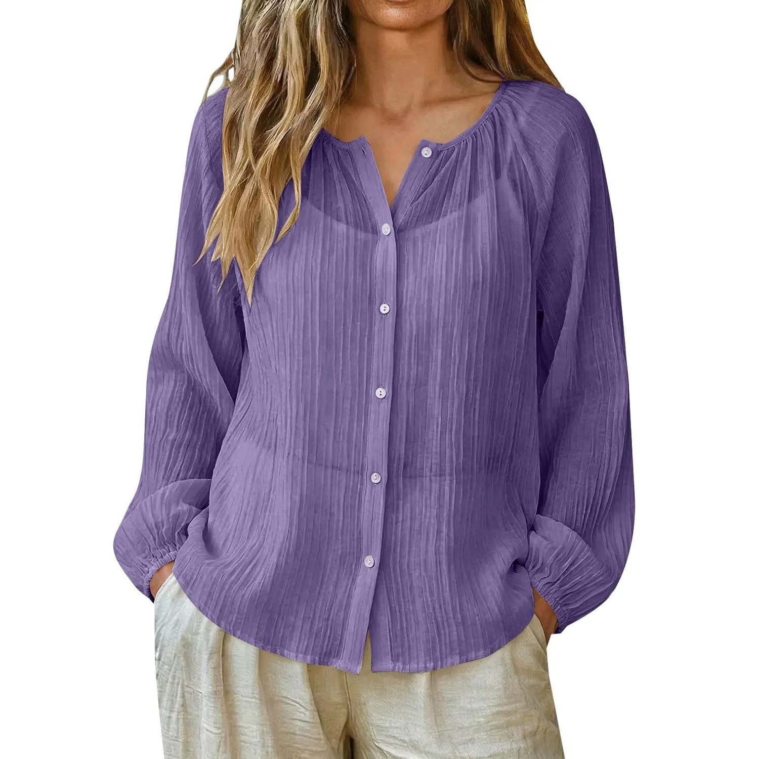 Женская блузка из хлопка и льна с длинным рукавом, Purple
