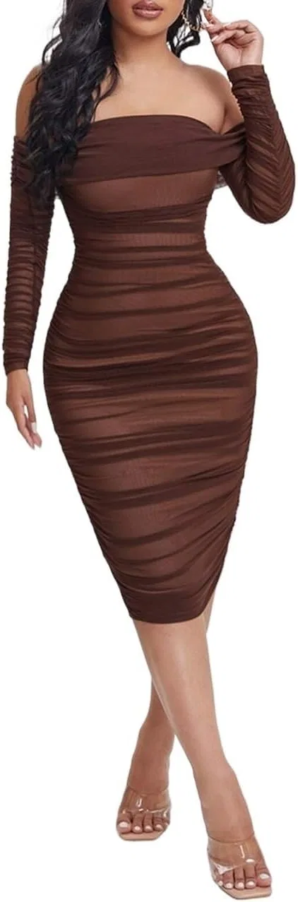 Женское макси-платье с длинным рукавом, бэклесс, с рюшами, Off-Shoulder, Chocolate Brown
