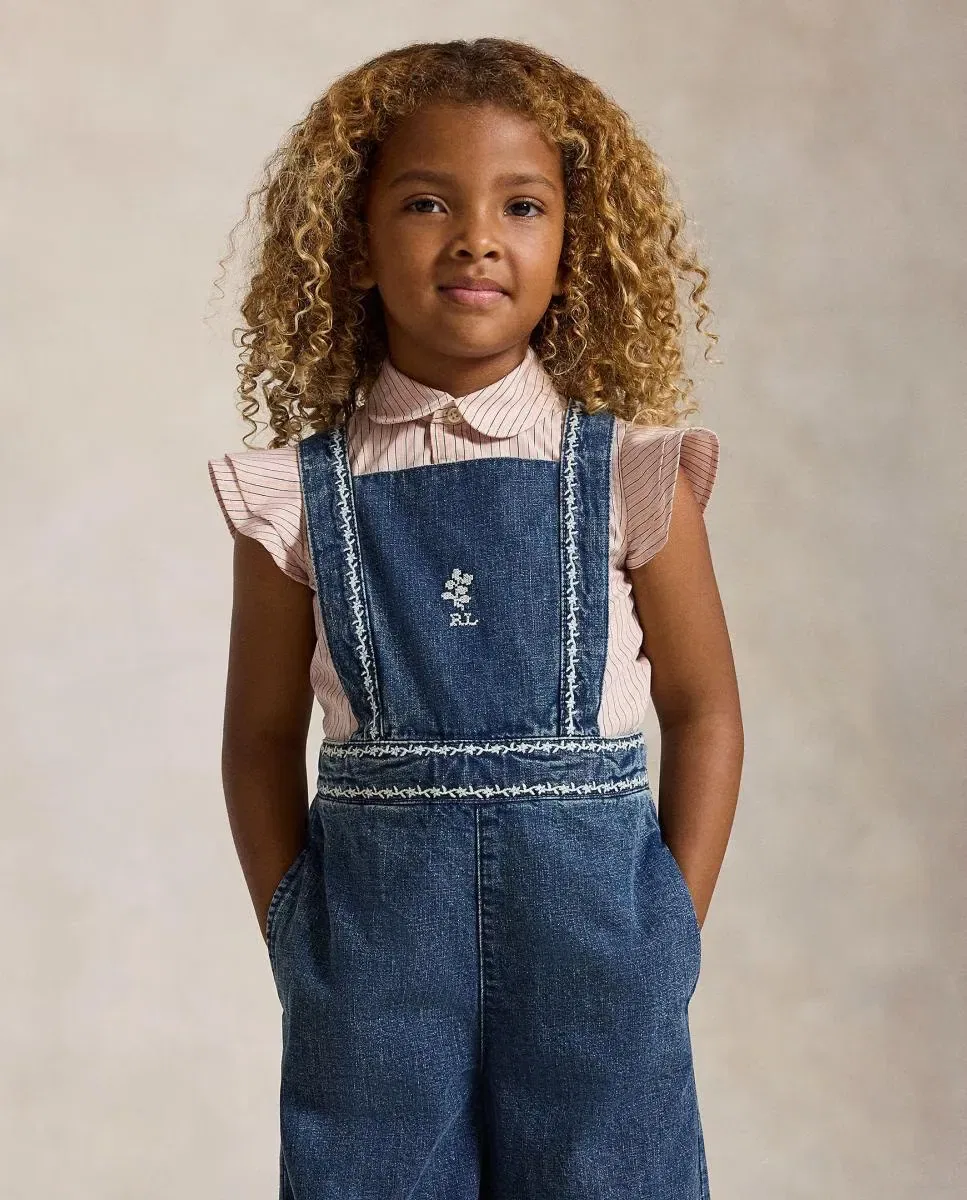 Детский комбинезон для девочек джинсовый с вышивкой Polo Ralph Lauren, Azul Marino — фото 2
