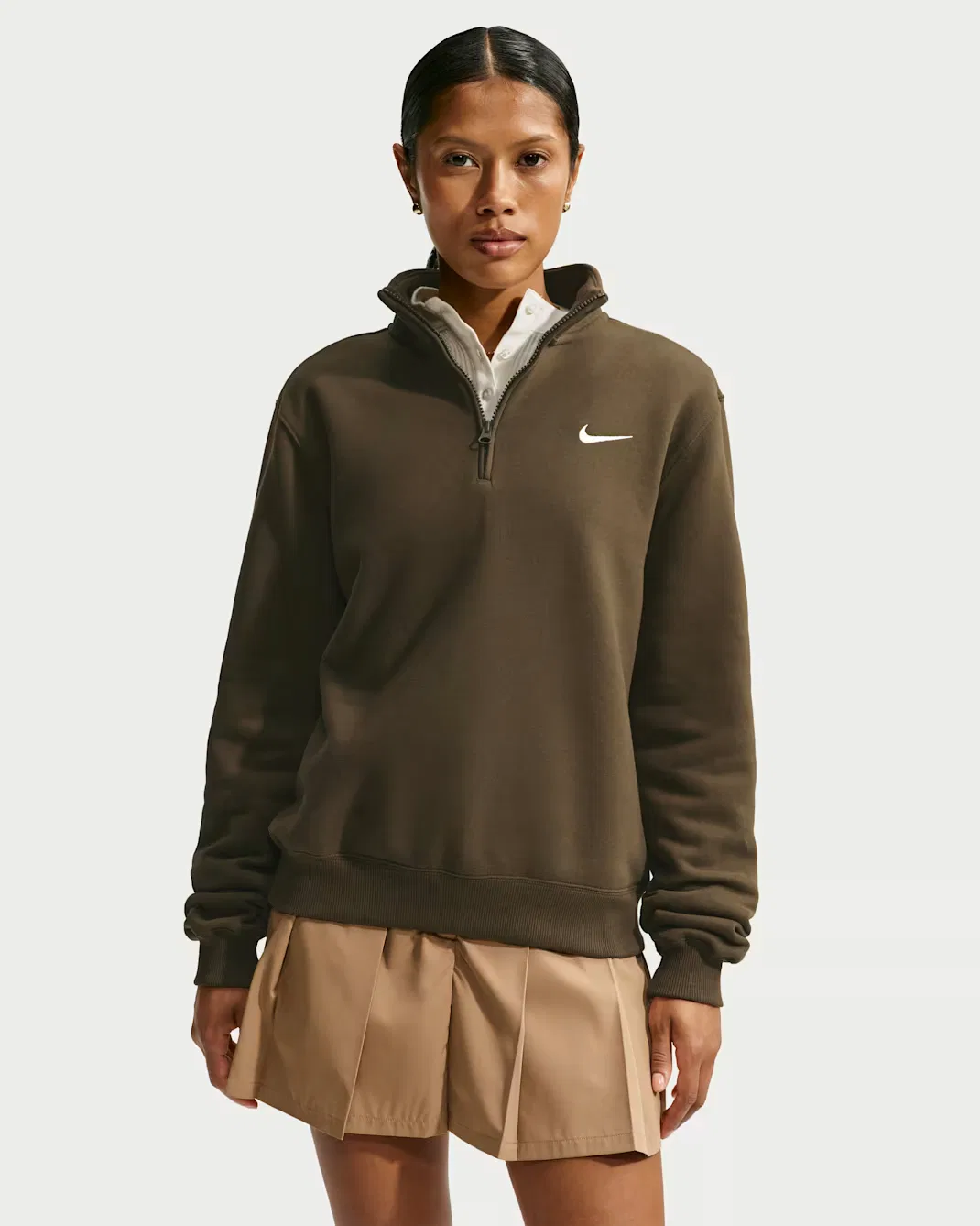 Женская футболка с застежкой-молнией на четверть длины Nike Studio Fleece Medium Weight, Dark Hazel/Sail