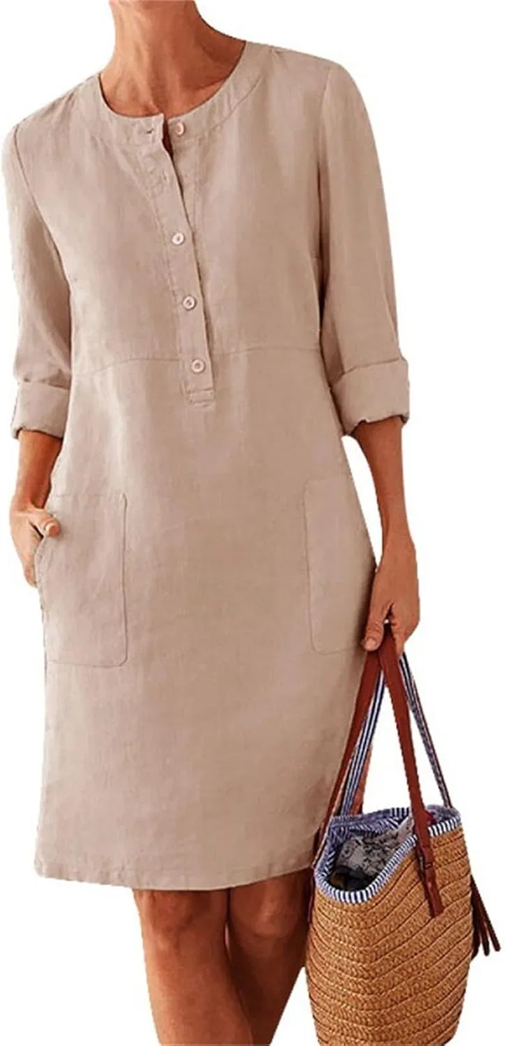 Женское мини-платье из льна и хлопка с пуговицами, Khaki — фото 2