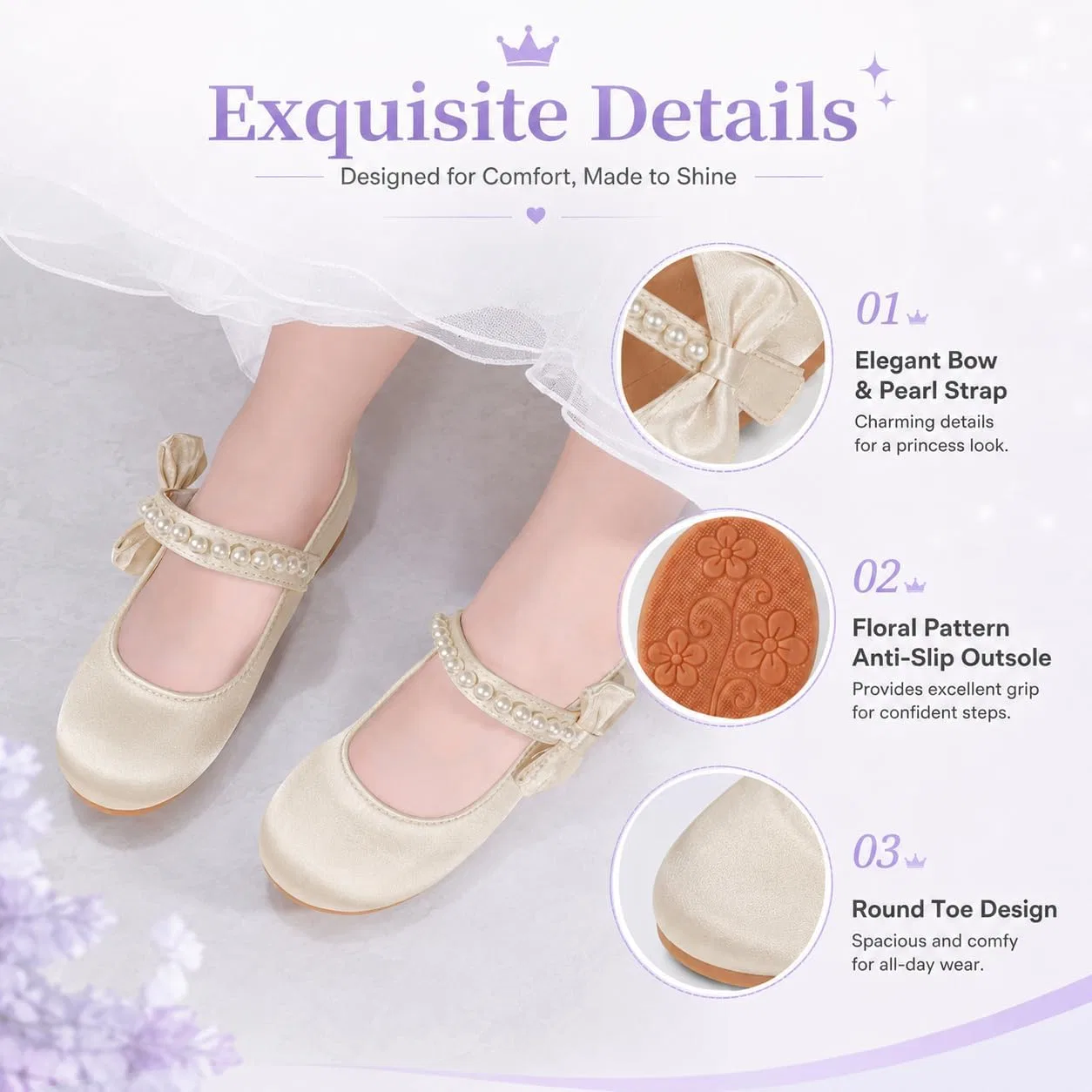 Детские туфли для девочек с жемчужным бантом KDVOG, Ivory Satin — фото 4
