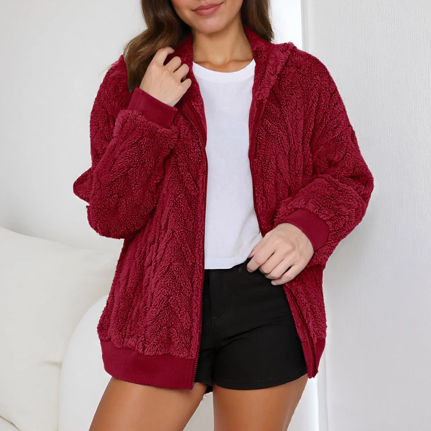 Женское пальто с капюшоном и молнией, на флисовой подкладке, Rosso — фото 2