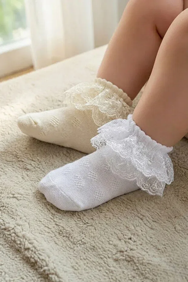 Детские носки для девочек с кружевом Esinti, White/Yellow — фото 3
