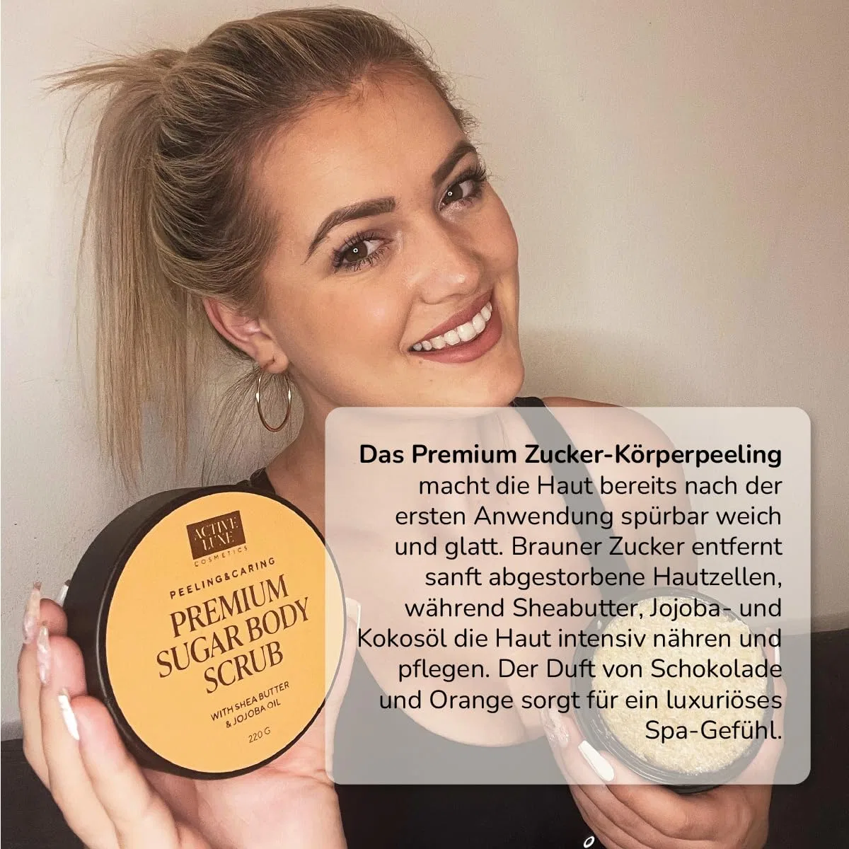 Сахарный скраб для тела с ароматом шоколада и апельсина, Activeluxe cosmetics, 220 мл — фото 3