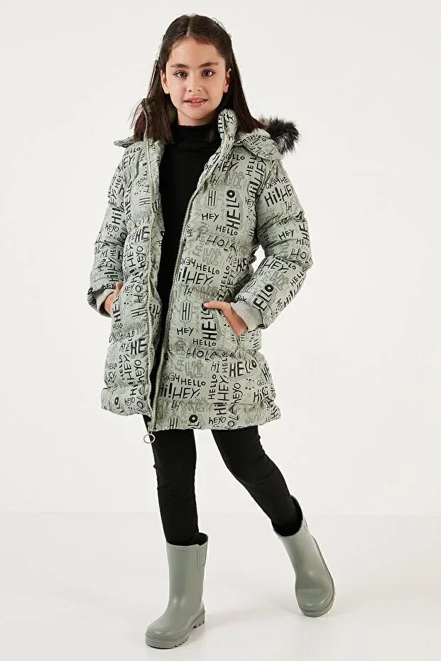 Детское зимнее пальто для девочек с принтом Faux fur text printed removable hooded plush lined winter coat girls child mon Lela, Mint