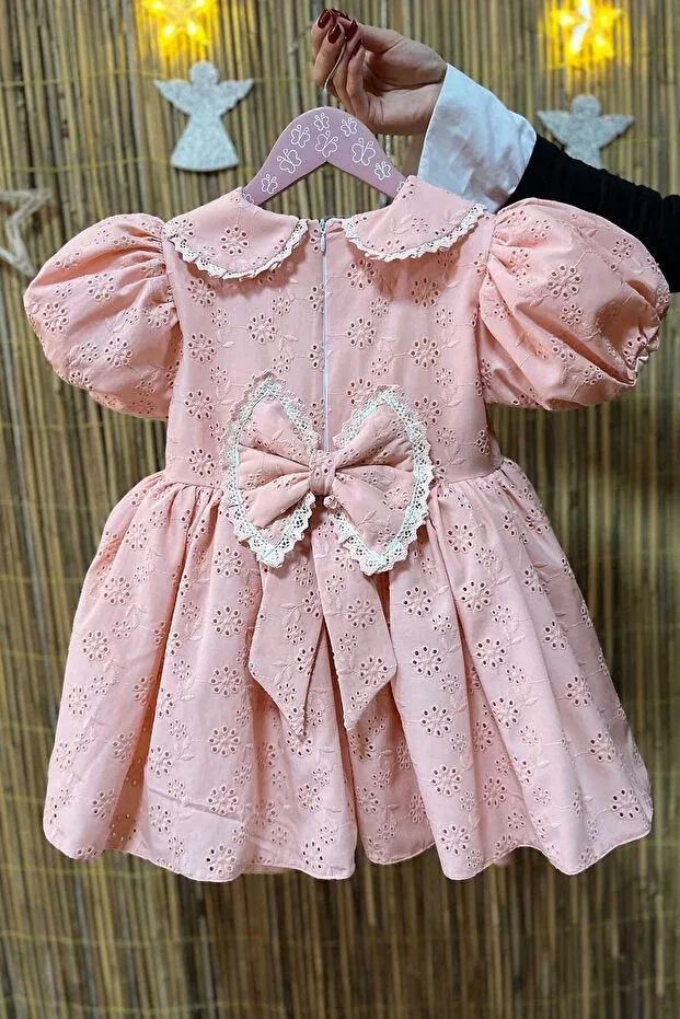 Детское платье для девочек с коротким рукавом Balloon Sleeve Lace Baby Scallop Dress Bertuğ Bebek, Salmon