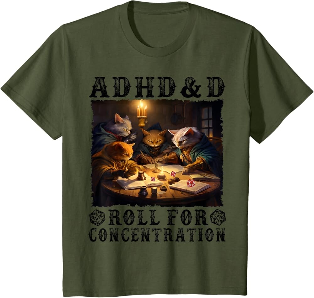 

Детская футболка Funny Tees Gamer RPG Apparel Cats RPG Gamer Roll For Concentration, оливковый