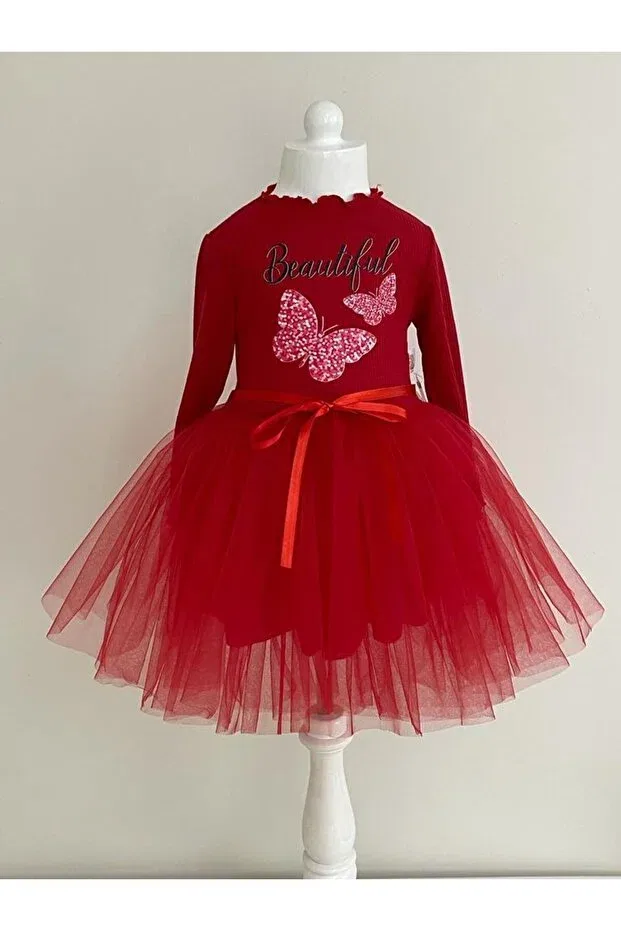 Детское платье для девочек с принтом Butterfly Cotton Lined Long Sleeve Neocotton, Red