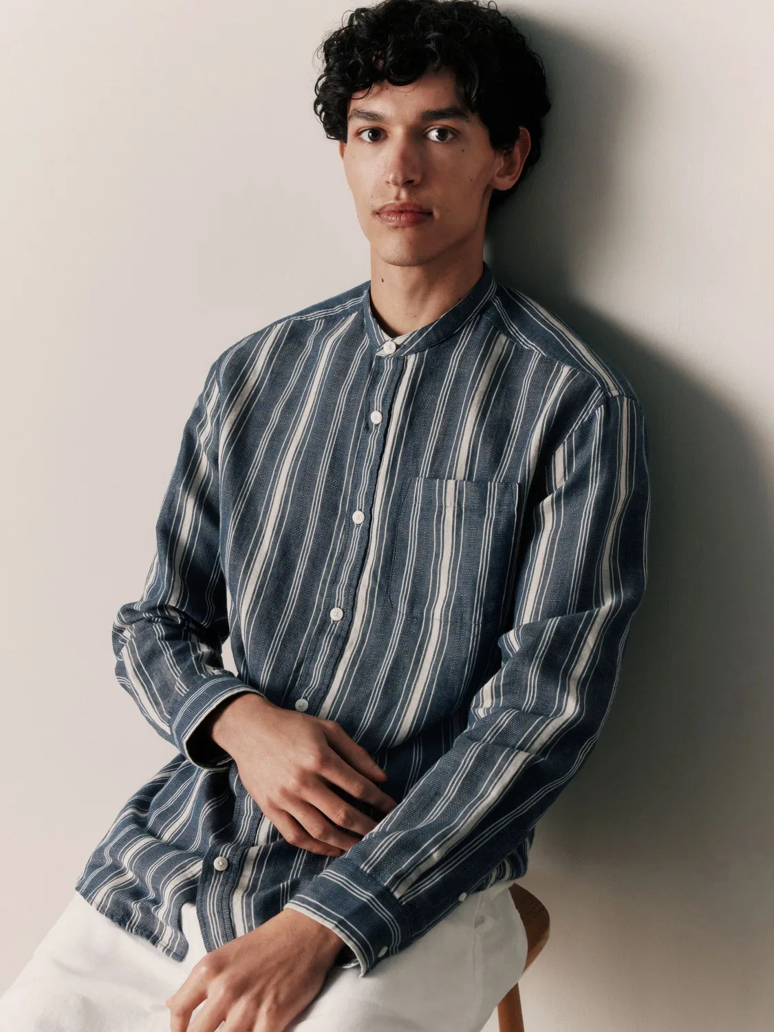 Рубашка с отложным воротником, полоска, Grandad Collar Next, синий
