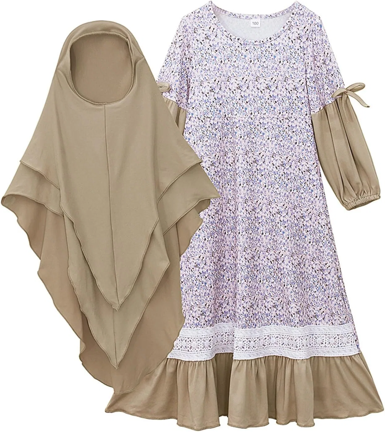 Женское платье-абая с капюшоном и хиджабом Cotton, Beige