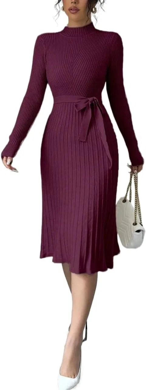 Женское платье-свитер с поясом Knitted Fabric, Burgundy