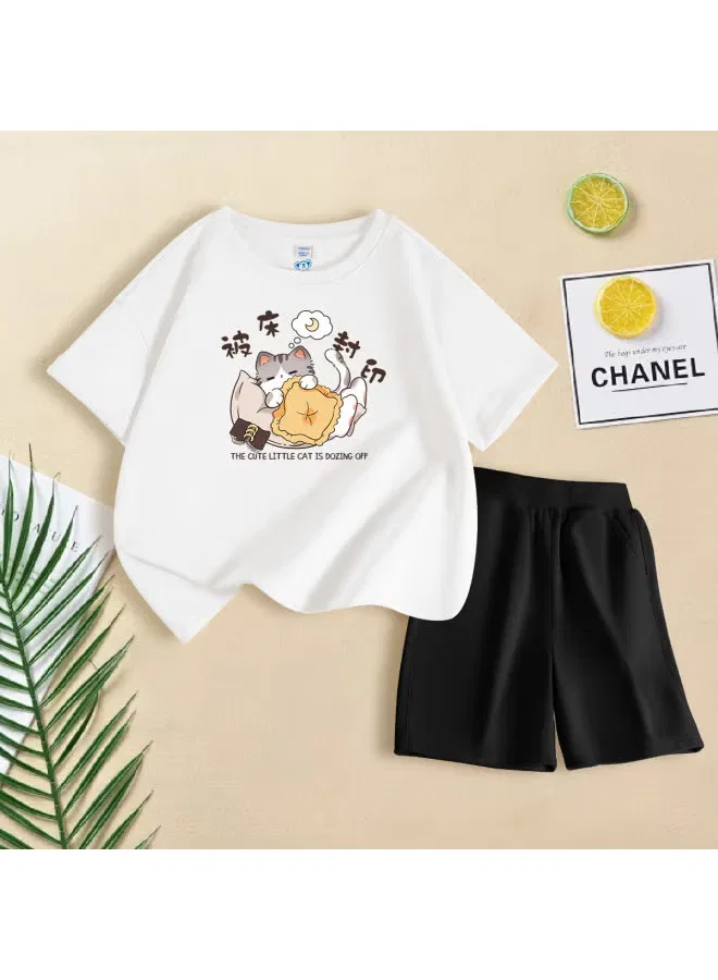 Комплект с принтом кота из хлопка для девочек Jeanswest, белый — фото 2