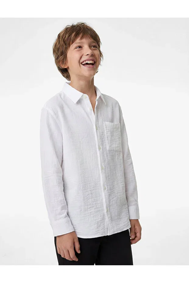 Детская рубашка с длинным рукавом Classic Collar Pocket Collar Basic Shirt Koton, White