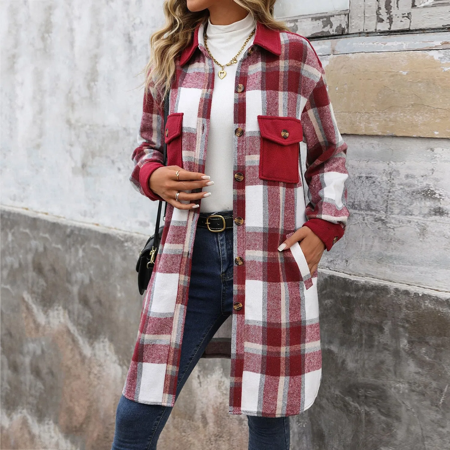 Женский жилет с принтом в клетку, Autumn 2024 Plaid Lightweight Lined Long Fashion Casual Elegant Jacket with Pockets Coat, Red — фото 3