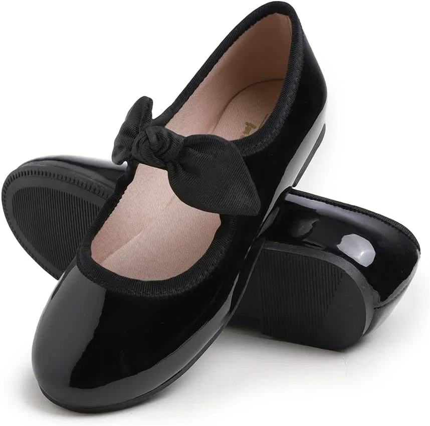 Детские туфли для девочек с пряжкой FEVERSOLE, Patent Bow Elastic Maryjane Black