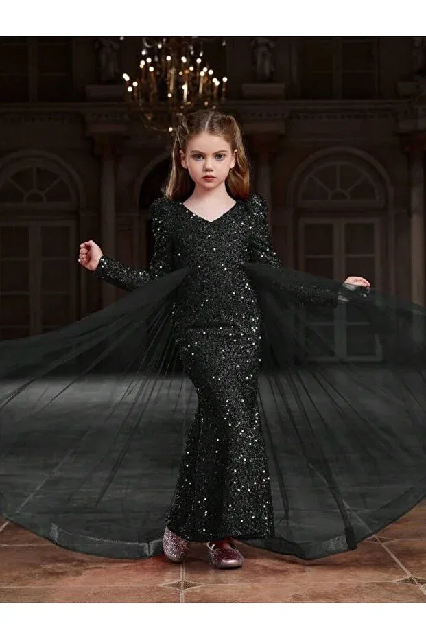 Детское вечернее платье для девочек с длинным рукавом с пайетками Indress Studio, Черное