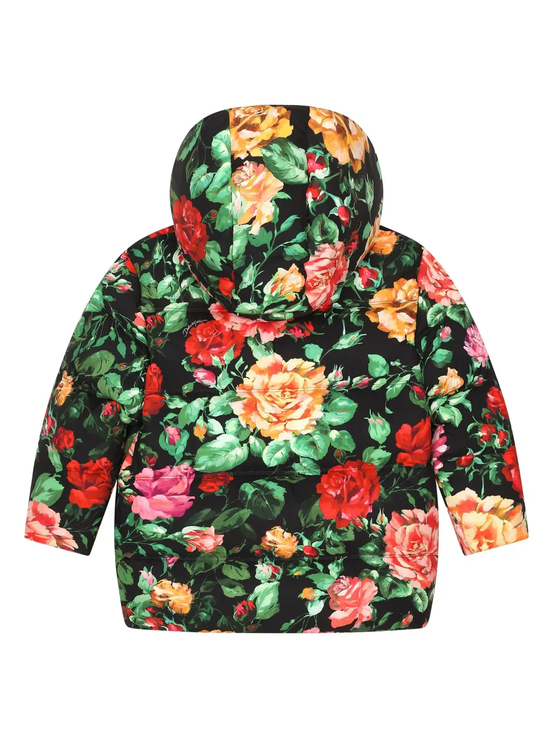 Детская стеганая куртка с капюшоном, принт с розами Dolce & Gabbana, черный — фото 2