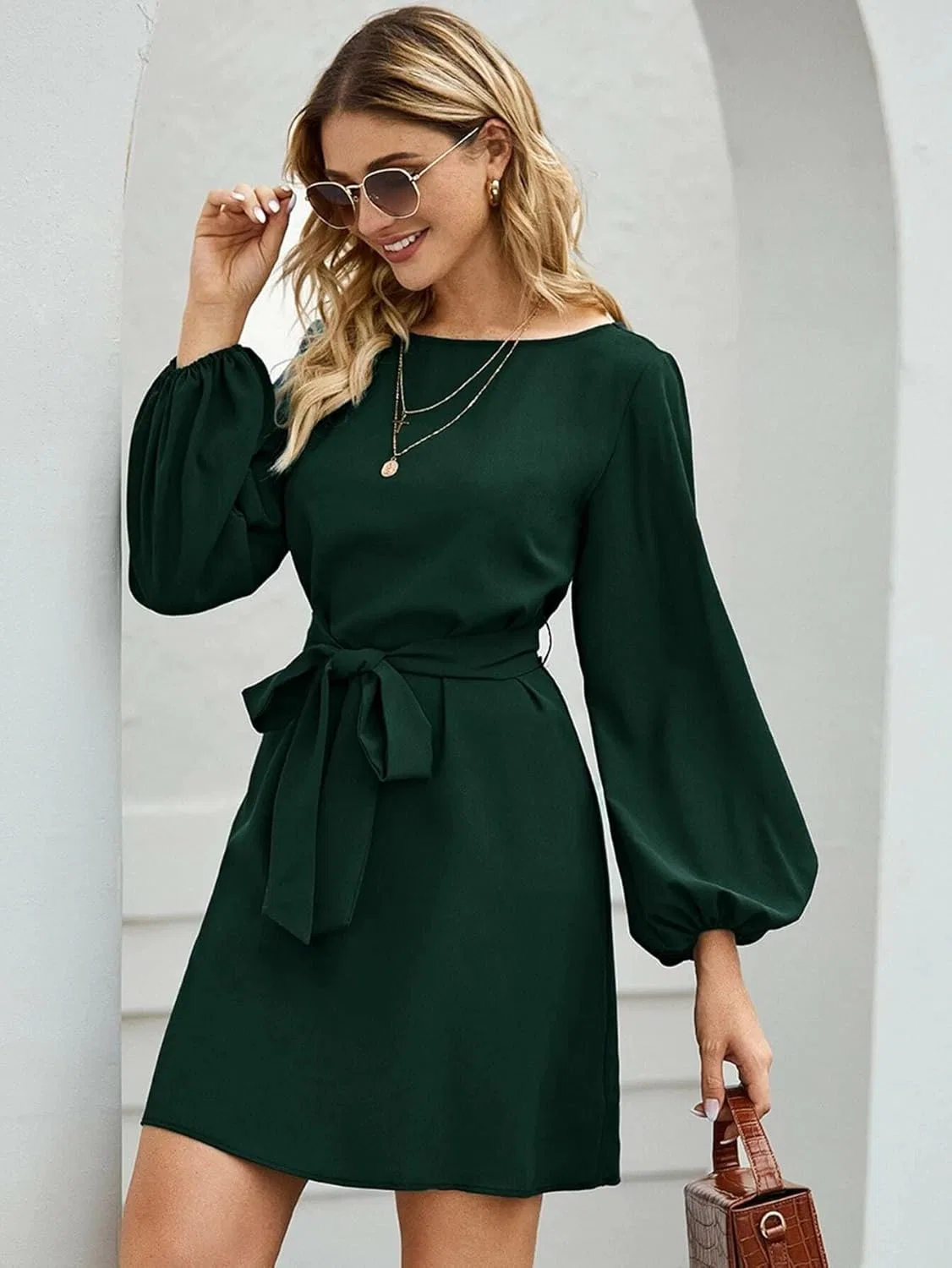 Женское повседневное платье с длинным рукавом, Dark Green — фото 2