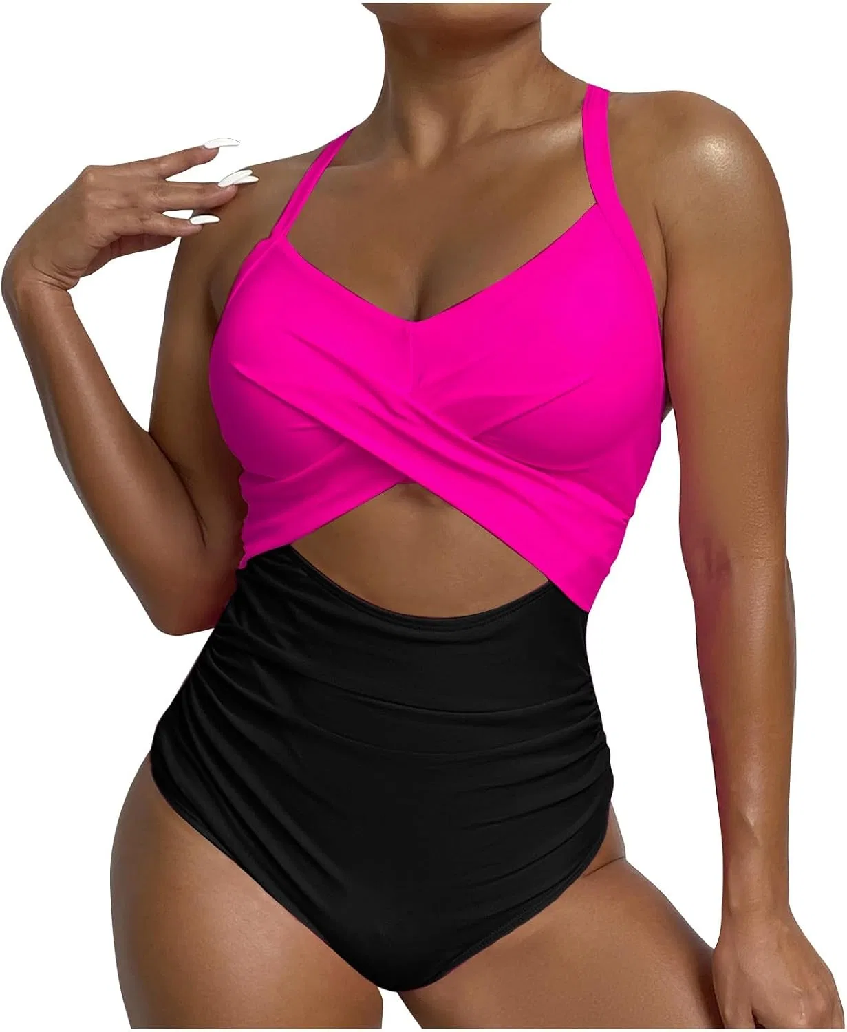 Женский купальник цельный с перекрученным передом и вырезами, Hot Pink