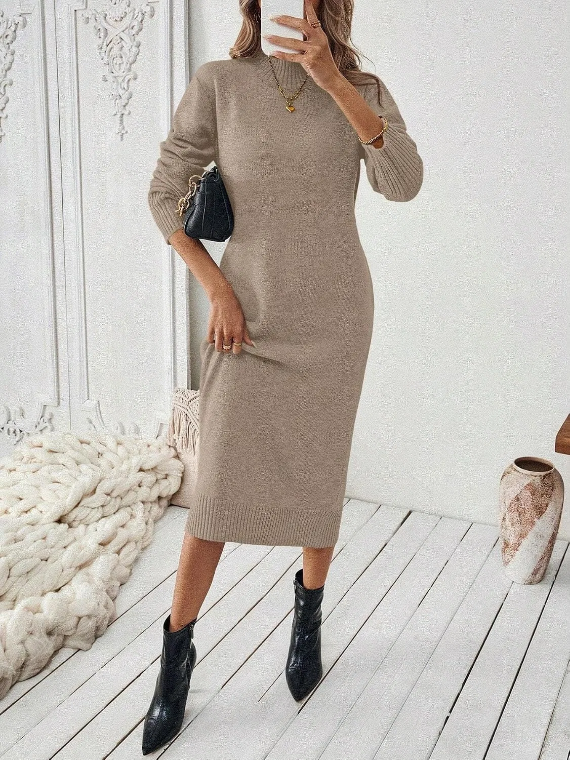 Женское повседневное платье миди с длинным рукавом Khaki — фото 4