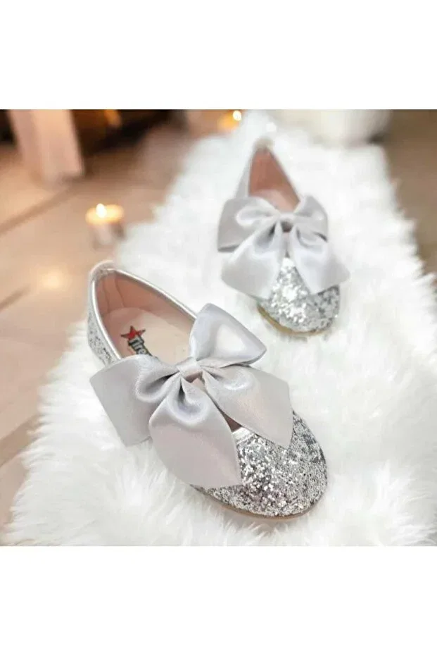 Детские балетки для девочек с бантом Patik Bebe, Silver