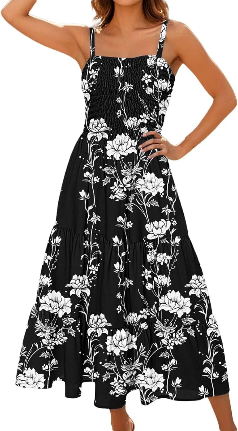 Женское летнее макси-платье с воланами, Smocked Tiered Beach Sundress, Multicolor