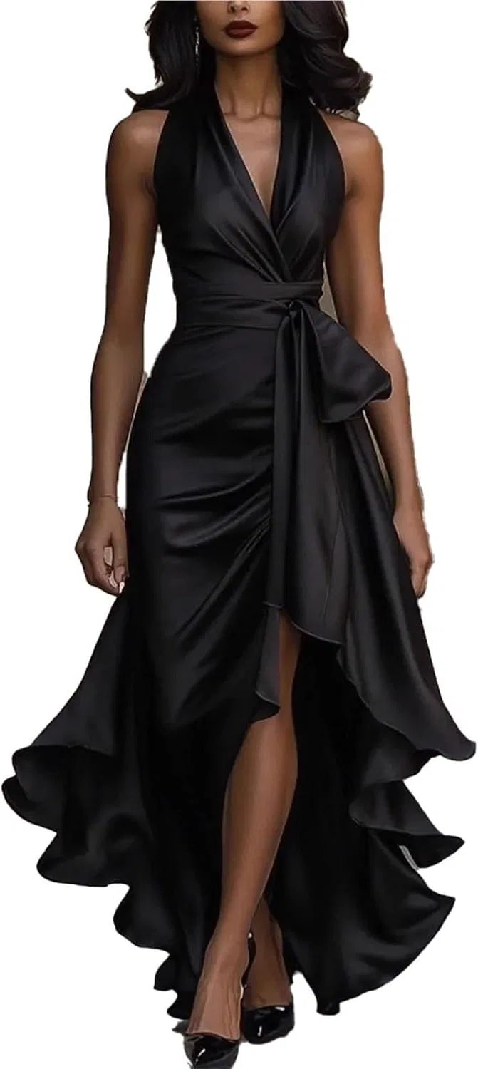 Женское коктейльное платье с глубоким V-вырезом и драпировкой, Maxi Black