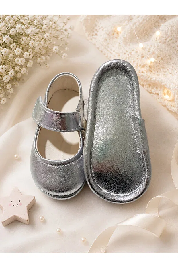 Детские пинетки для мальчиков и девочек 100% кожаные Basics My Baby Kumsal, Silver — фото 2