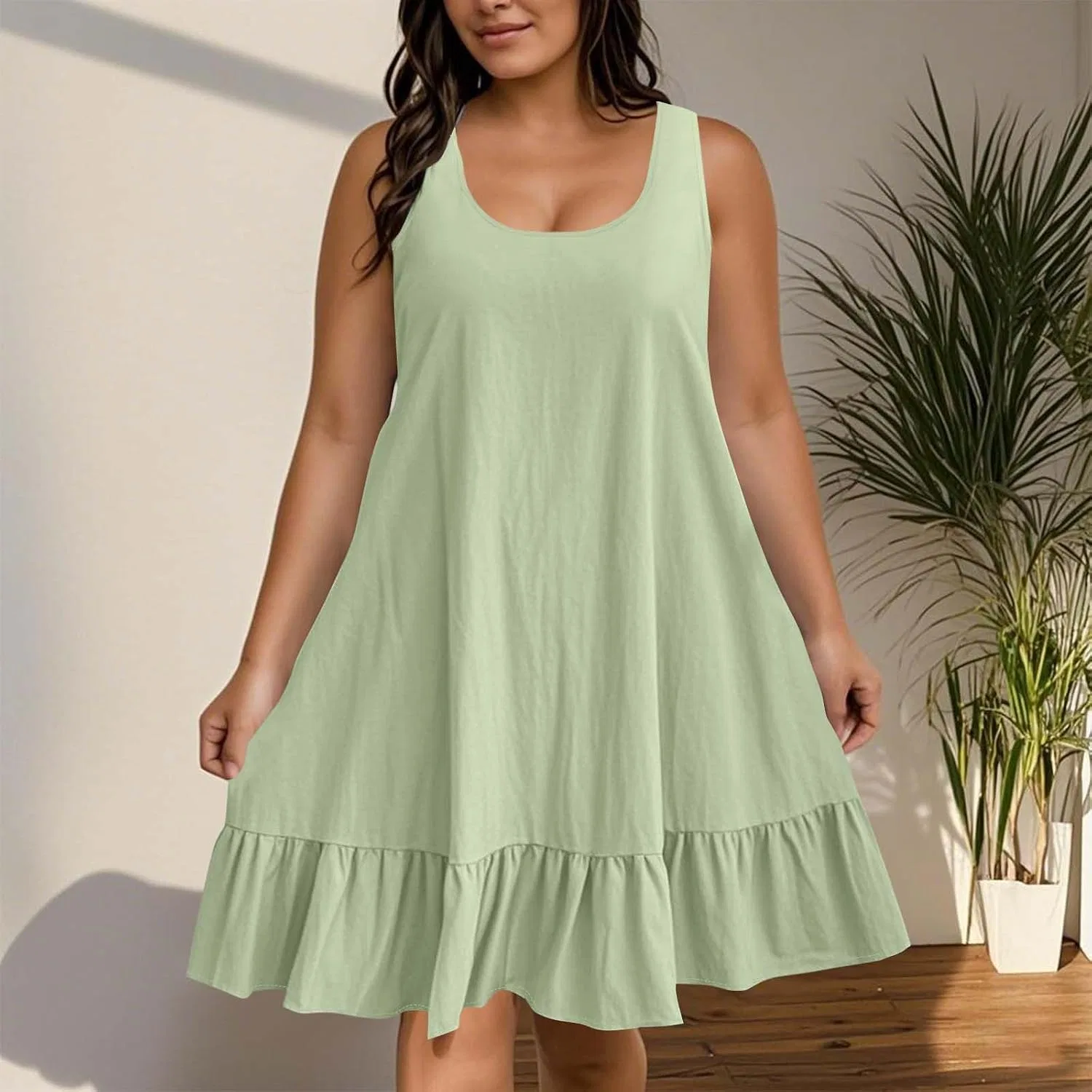 Женское летнее мини-платье с рюшами U-образным вырезом Breathable, Mint Green — фото 2