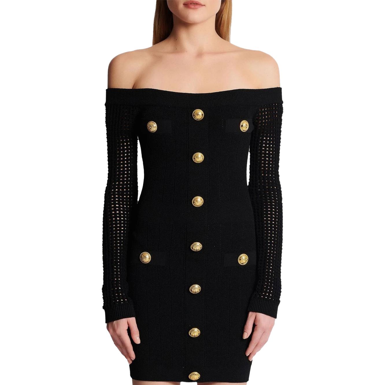 Платье с открытыми плечами из сетчатой ткани BALMAIN, черный — фото 4